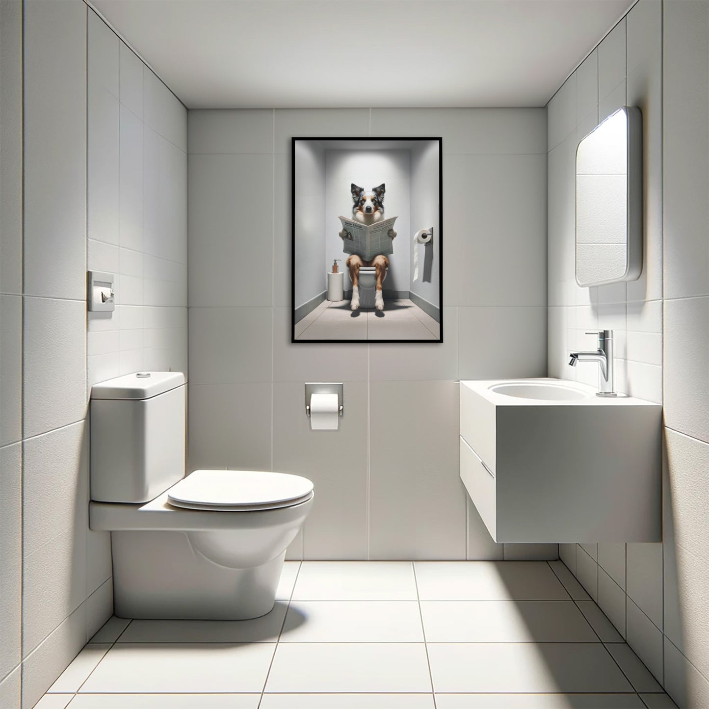 Poster Border Collie lisant le journal en cadre noir au-dessus des toilettes, WC carrelé blanc