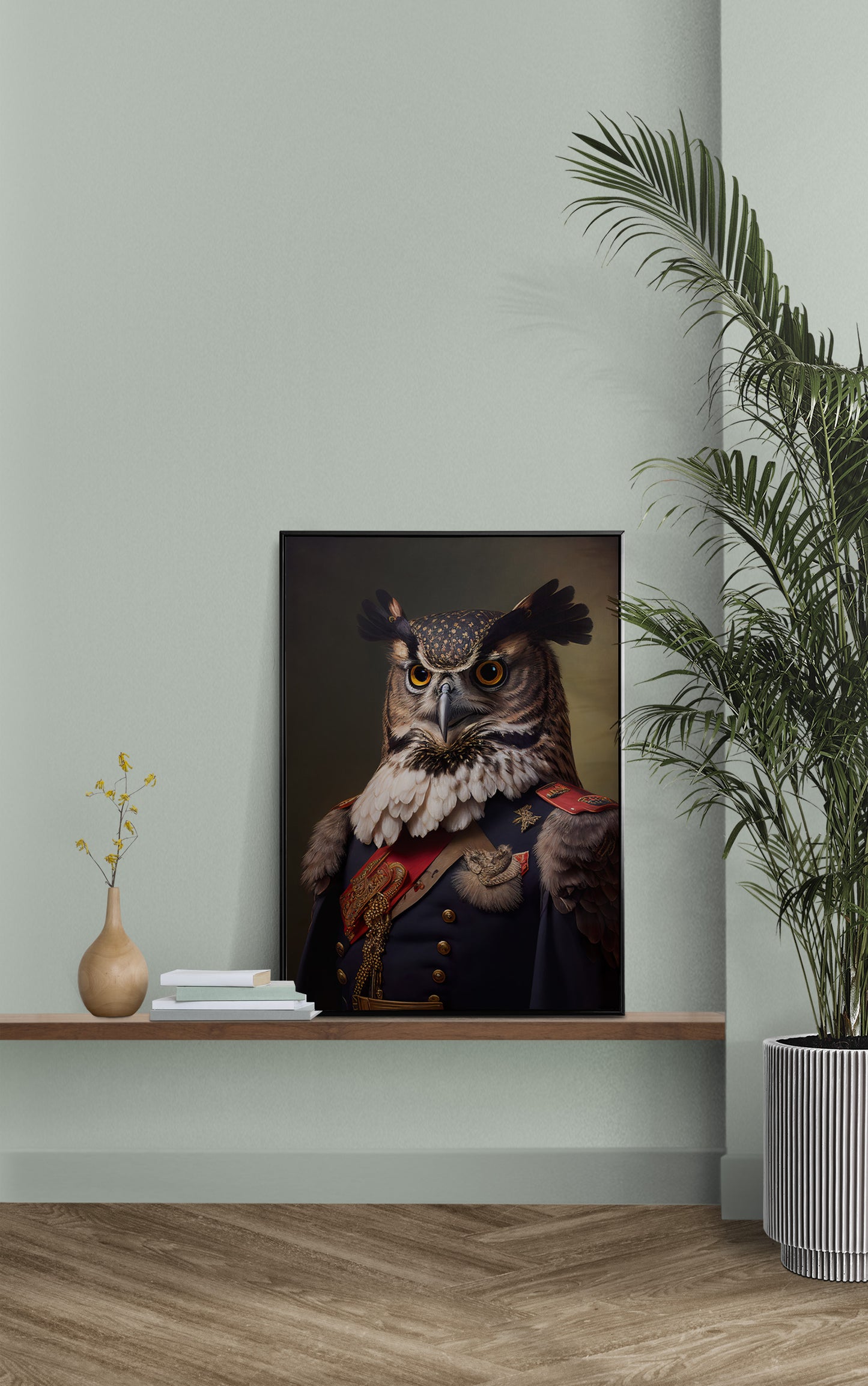 Poster hibou en uniforme militaire sur une étagère murale, mur vert sauge et palmier en pot