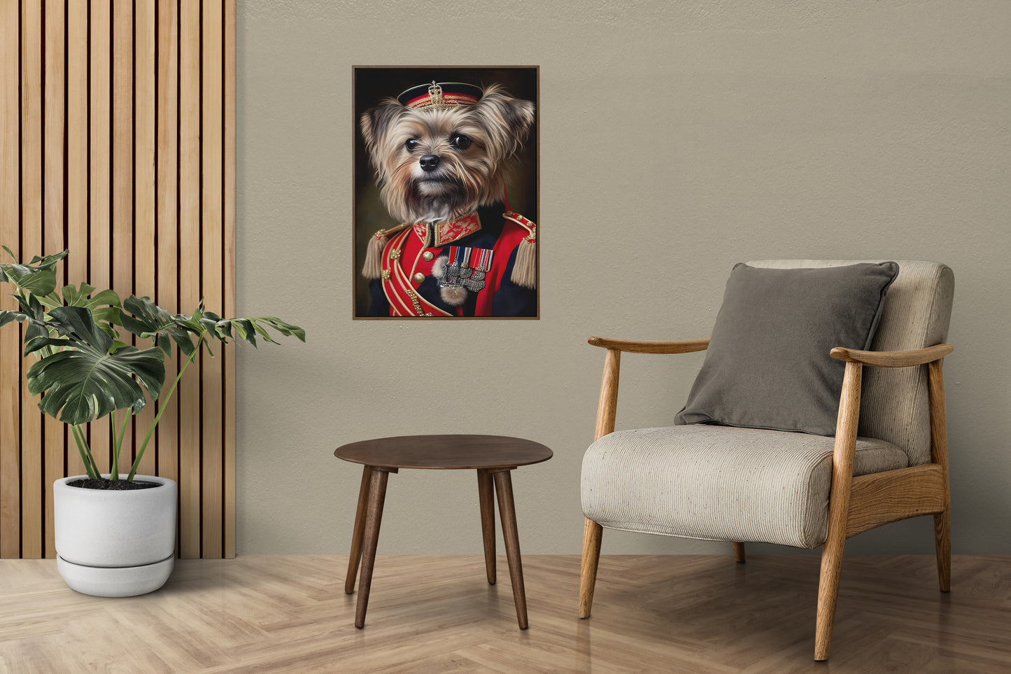 Affiche yorkshire en uniforme au mur d'un salon beige, fauteuil en bois et table basse ronde
