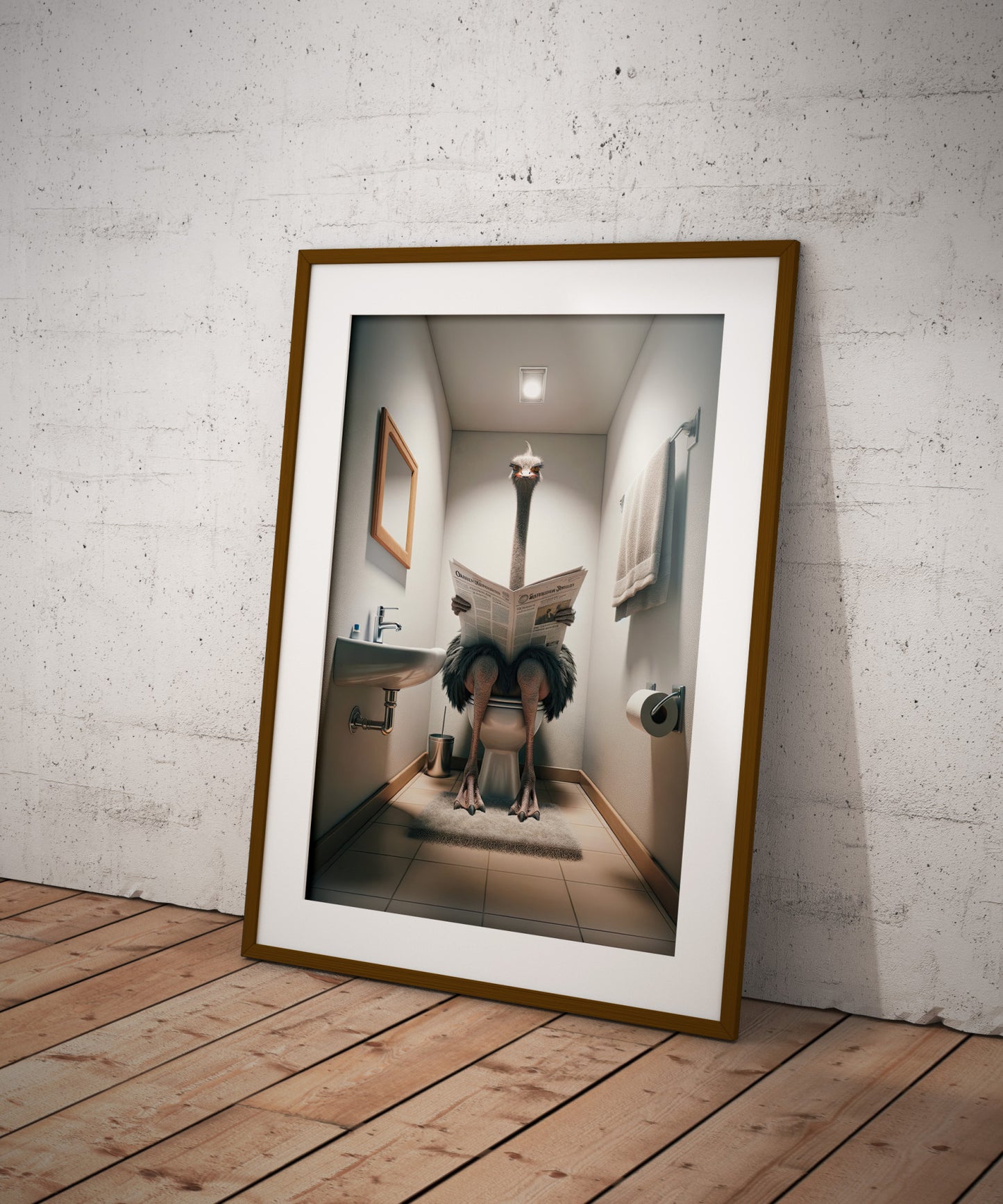 Ostrich reading the newspaper print in a dark wood frame with white mat on rustic wood flooring