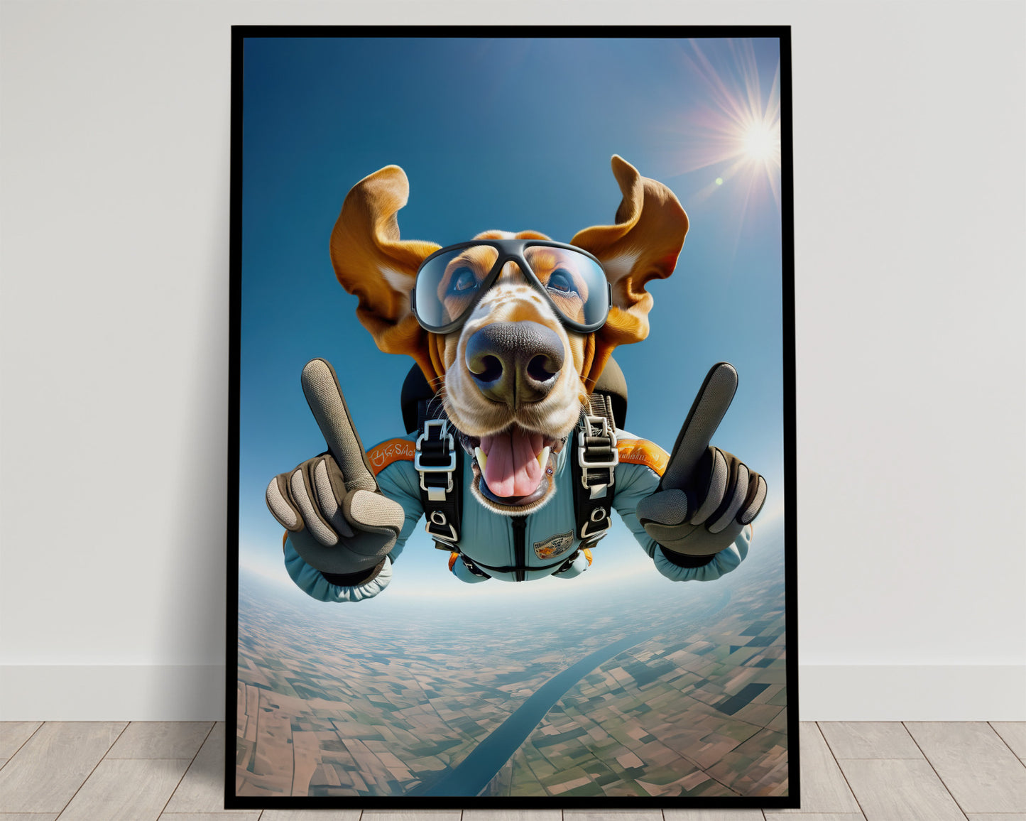 Basset Hound en chute libre, longues oreilles au vent, lunettes et combinaison bleu-gris, index levés