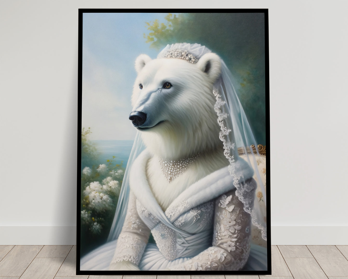 Portrait of a polar bear in a white lace wedding dress, tiara and veil, sky and white flowers, black frame
