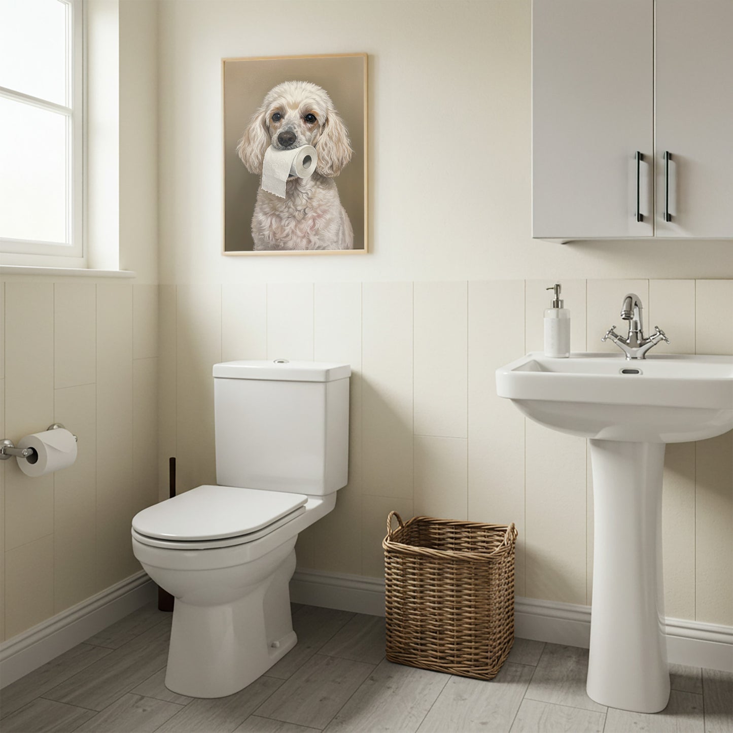 Toilettes à lambris blanc, poster caniche blanc au papier toilette en cadre bois clair au-dessus de la cuvette