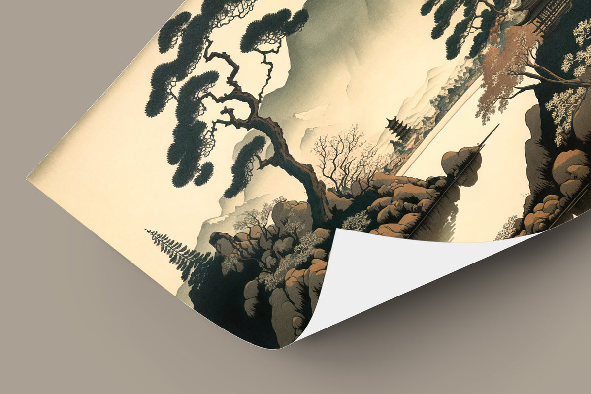 Japanese Lake Wall Poster with Temples & Mountain – Landscape Wall Art, Japanese Style Home Decor