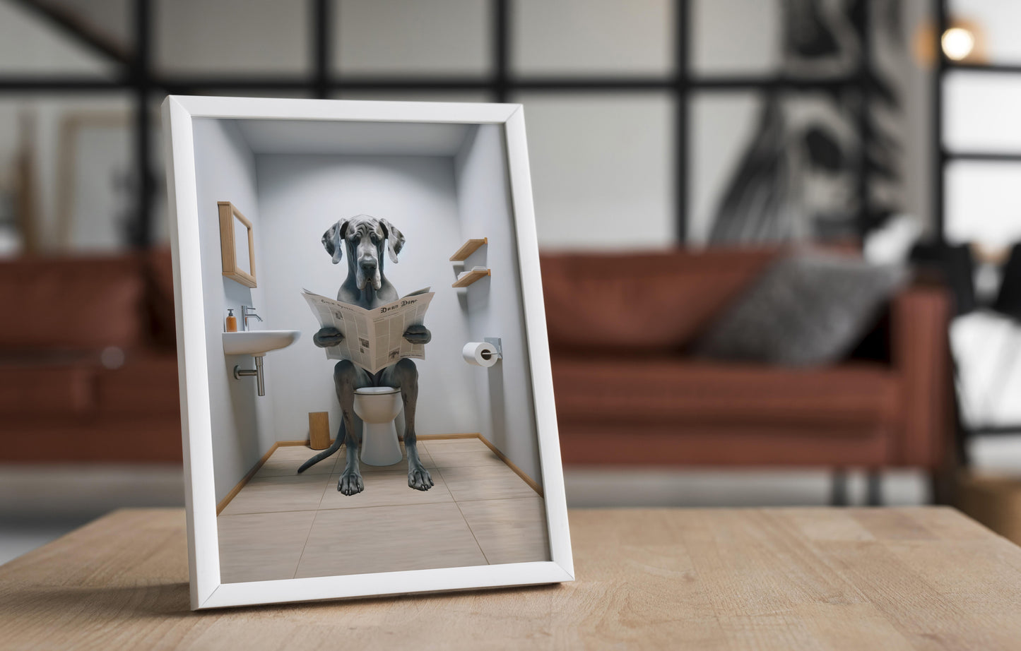 Great Dane Reading Newspaper Poster - Humorous Bathroom Wall Art, WC Decor - Unique Funny Gift