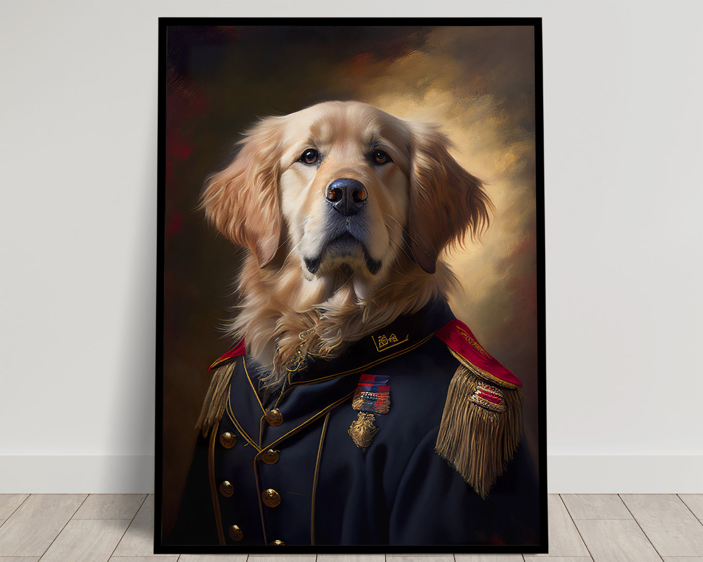Portrait of a Golden Retriever in a navy uniform with gold epaulettes and medals, Balthazart Studio poster