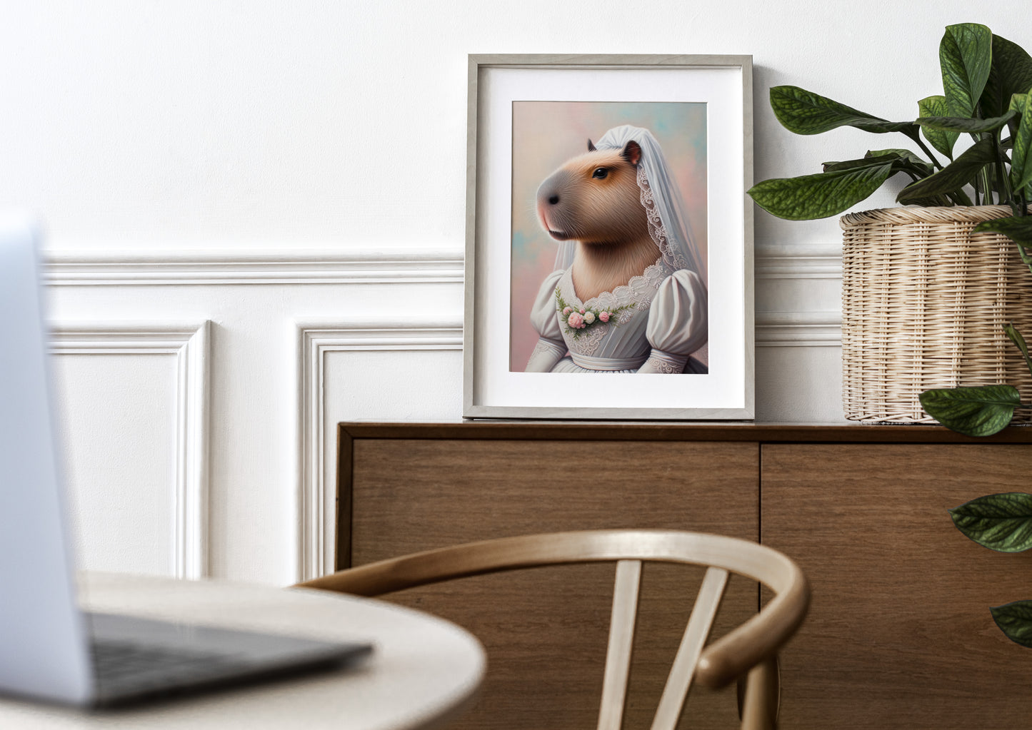 Poster capybara en robe de mariée encadré avec passe-partout sur un buffet en bois, mur à moulures