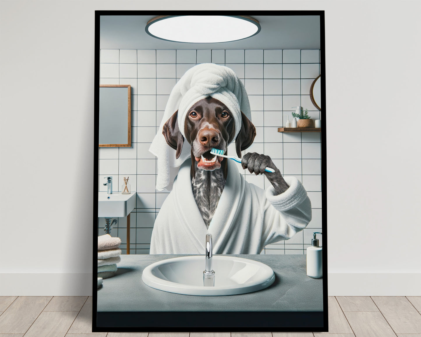 Braque brun en peignoir blanc et turban de bain se brossant les dents au-dessus du lavabo, poster Balthazart Studio