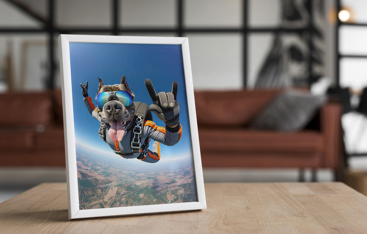 Poster Cane Corso parachutiste en cadre blanc sur une table de salon
