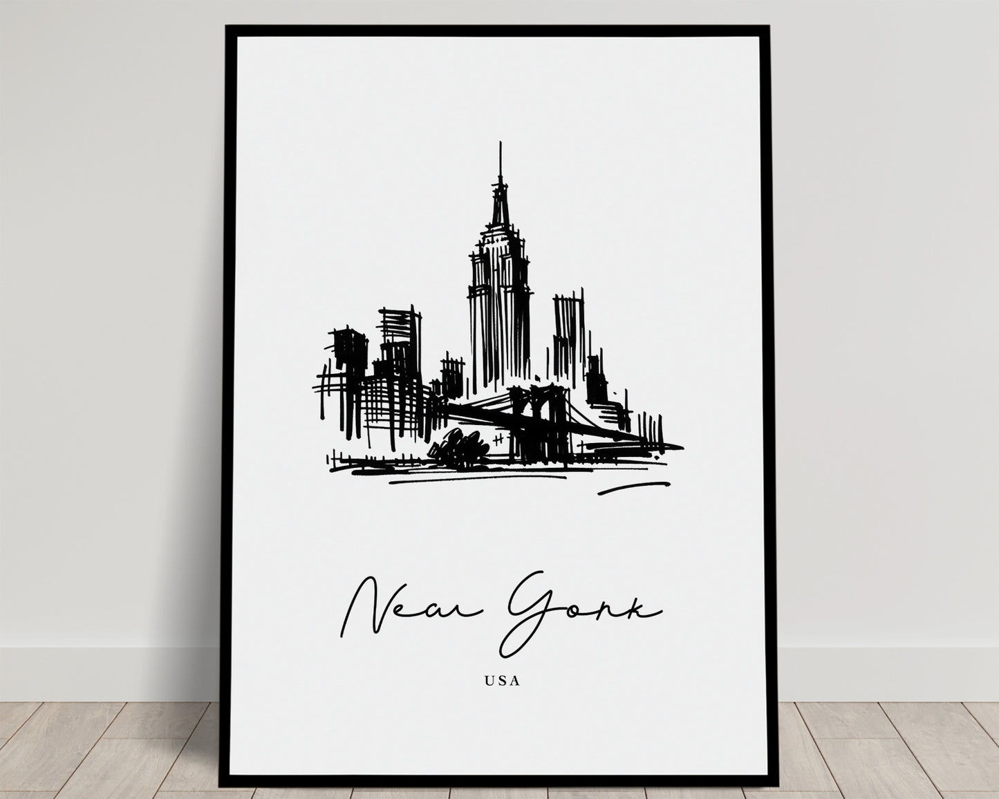 Croquis à l'encre de New York avec l'Empire State Building et le pont de Brooklyn, noir et blanc, poster Balthazart Studio