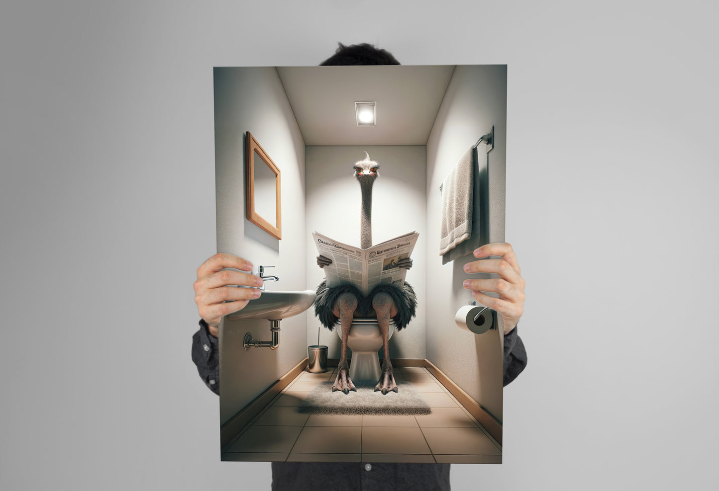 Unframed ostrich reading the newspaper poster held with both hands