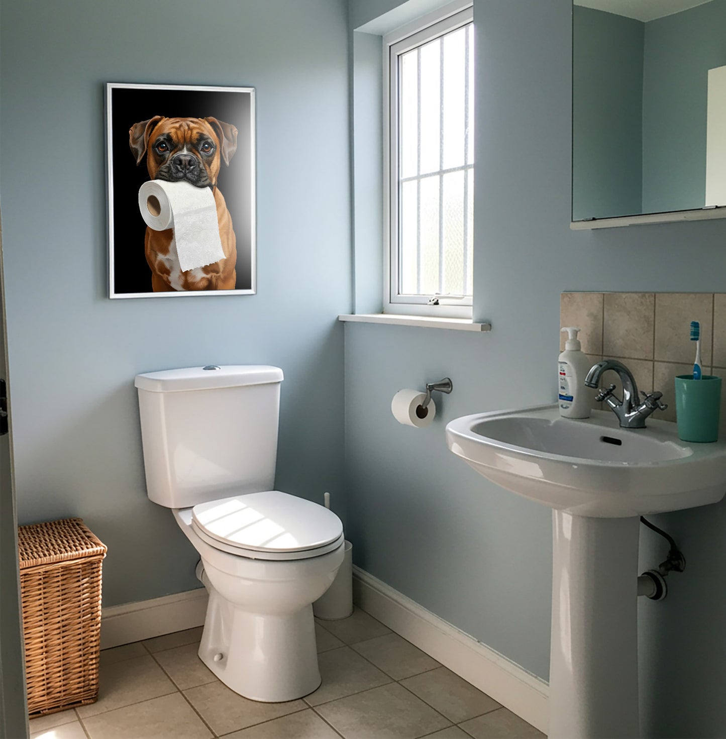 Framed Boxer toilet paper poster on a blue wall by a window