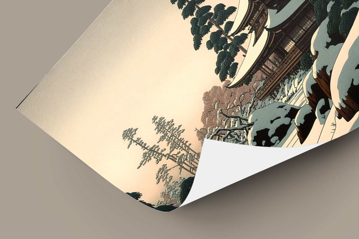 Japanese Temple Wall Poster – Snowy Mountain Landscape | Japanese Art Style Illustration | Framed Wall Decoration