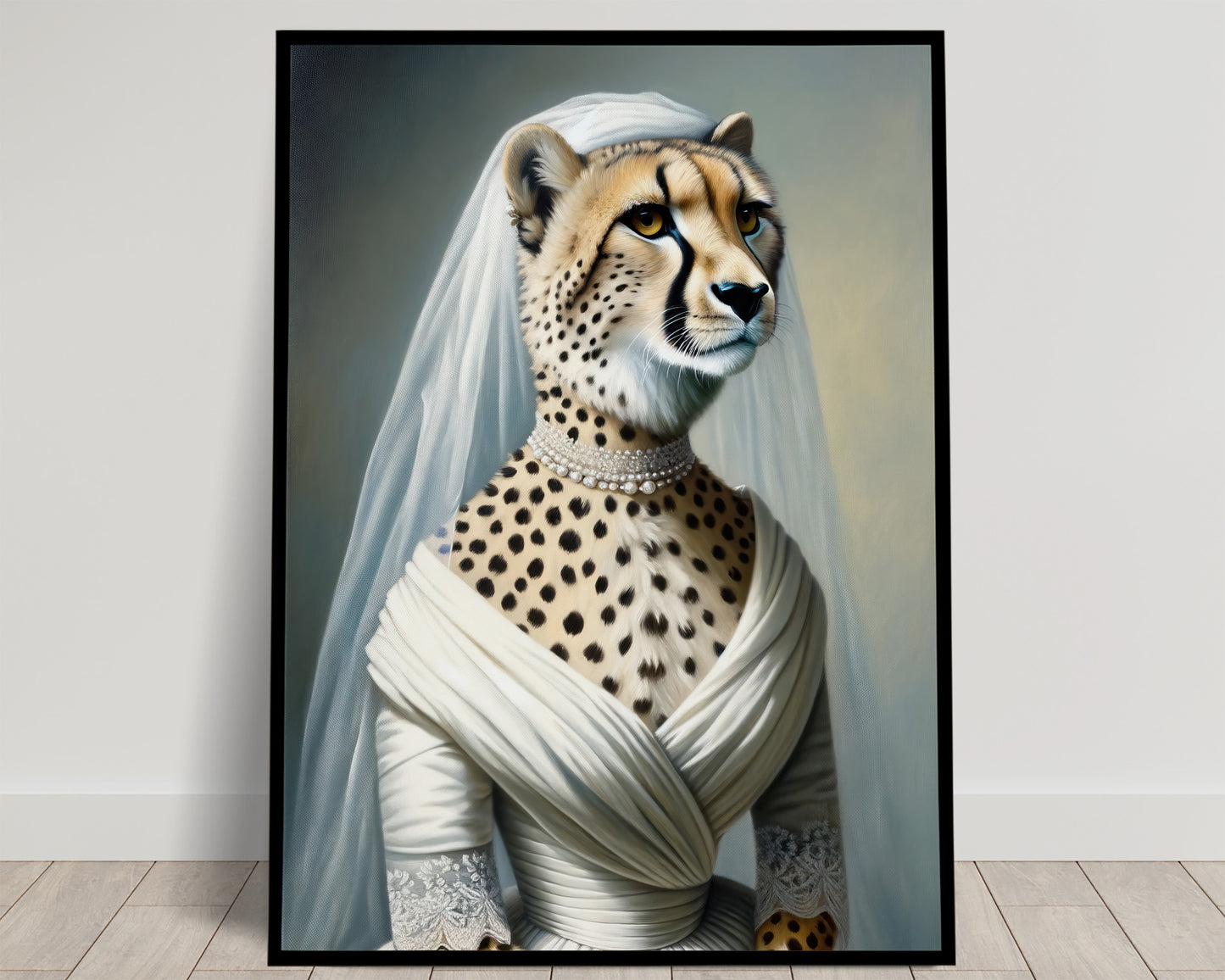 Portrait of a spotted cheetah in a draped white wedding gown, pearl necklace and veil, blue-gray background, black frame