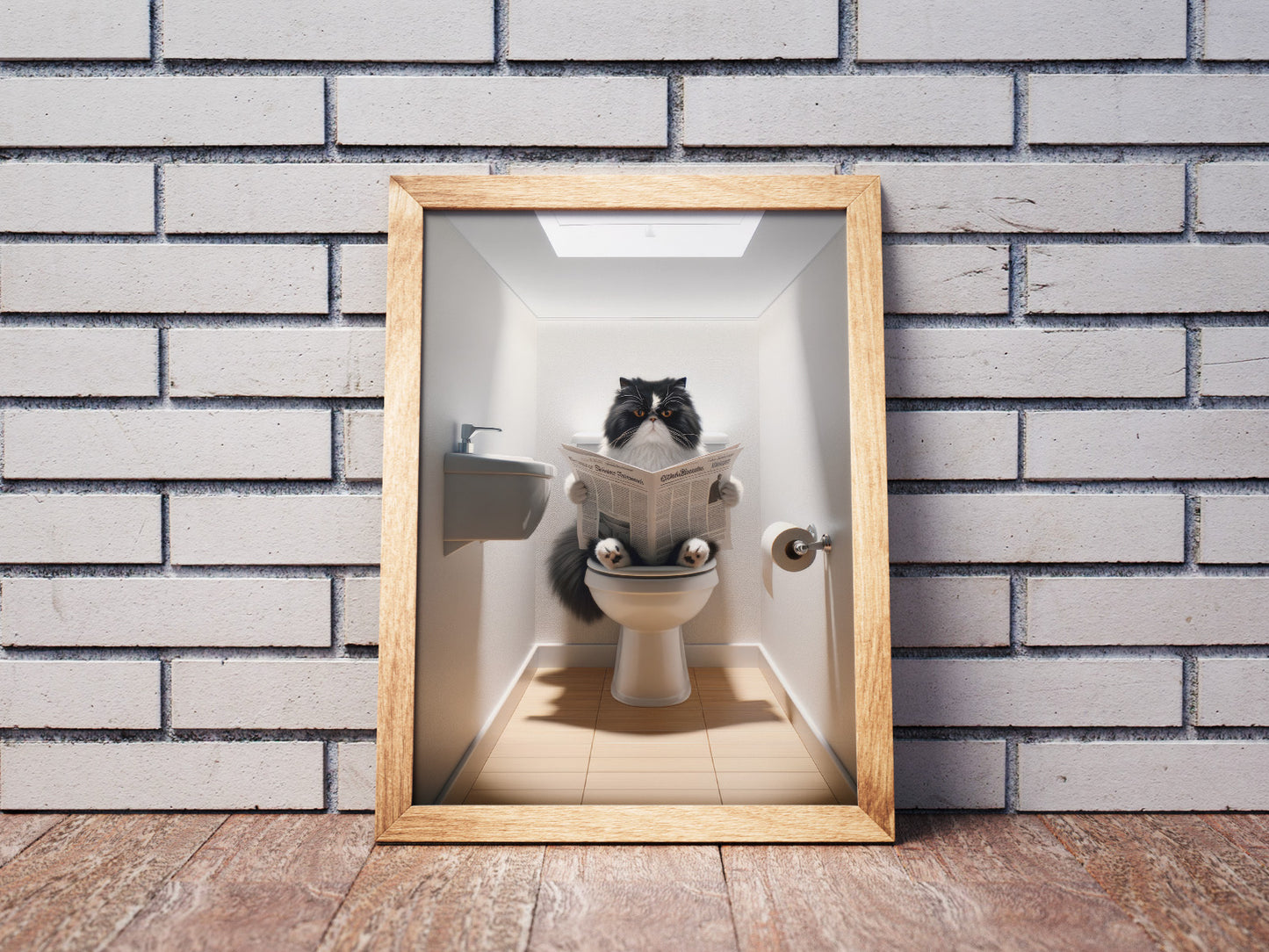 Affiche Humour : Chat Persan Noir et Blanc lisant aux Toilettes - Déco WC & Salle de Bain, Cadeau Rigolo pour Amateurs de Chats