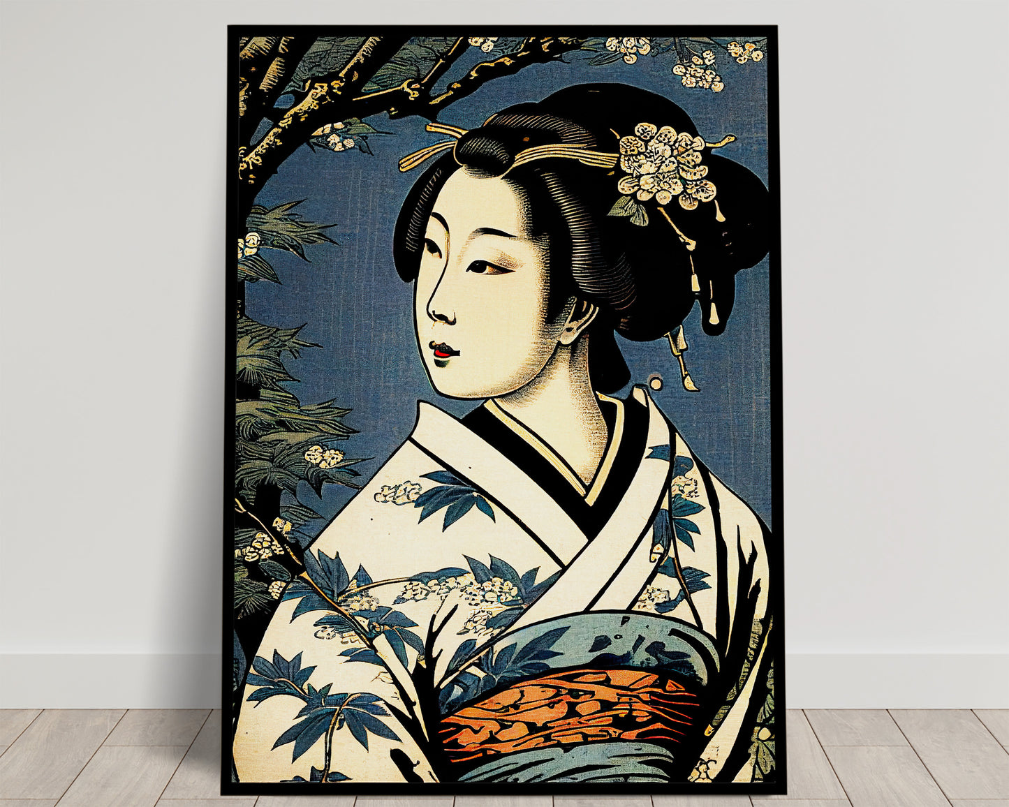 Portrait d'une geisha au kimono crème à feuillages bleus et obi orange, fond bleu, poster Balthazart Studio
