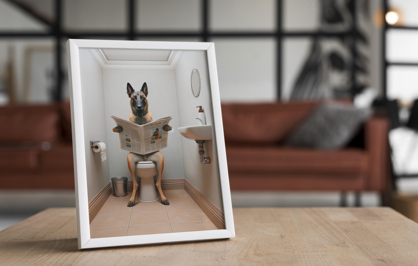 Poster Malinois lisant le journal, Déco WC humoristique, Cadre déco Salle de bain, Idée cadeau Chien Fun