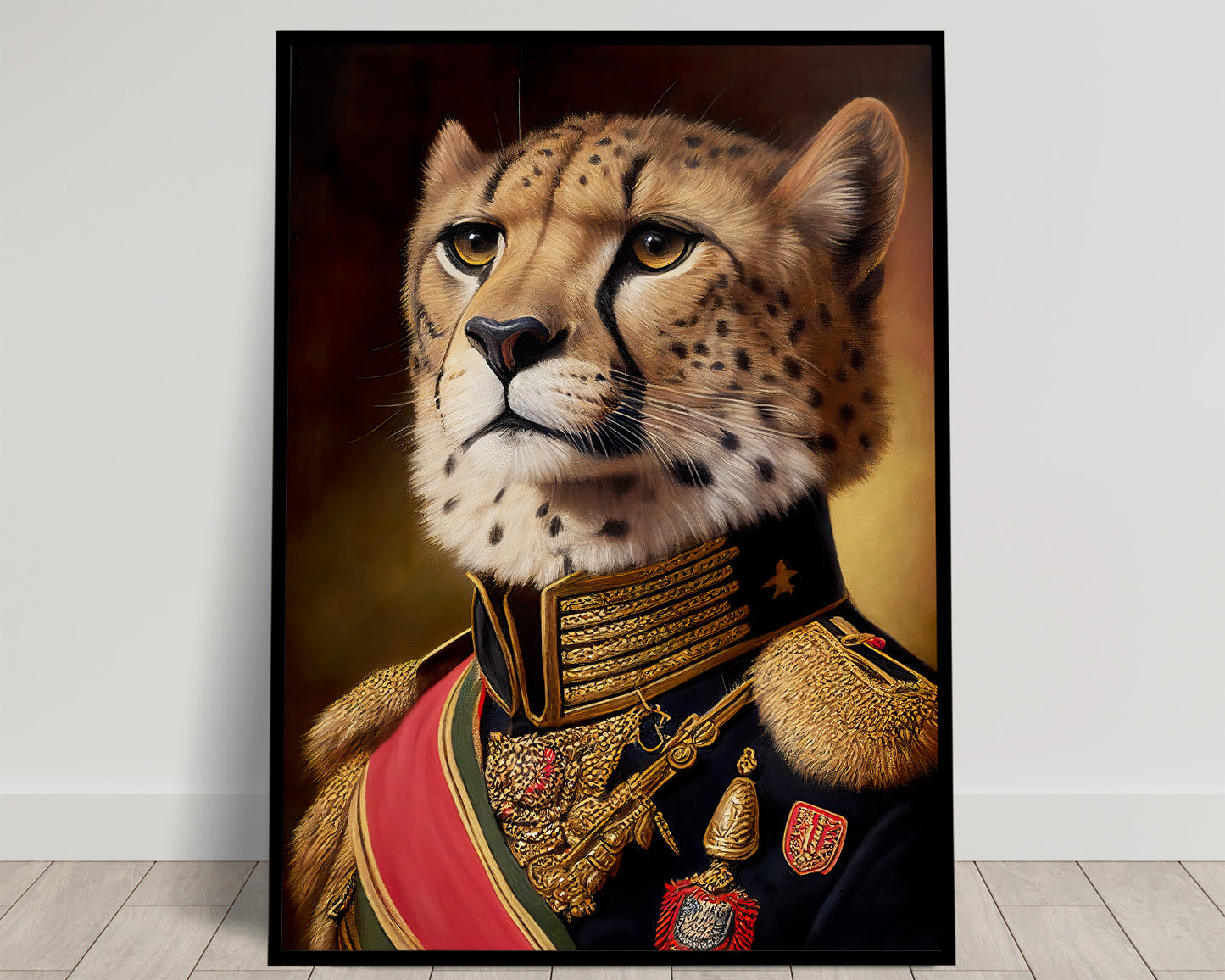 Portrait d'un guépard en uniforme militaire noir, col brodé or et écharpe rouge, poster Balthazart Studio