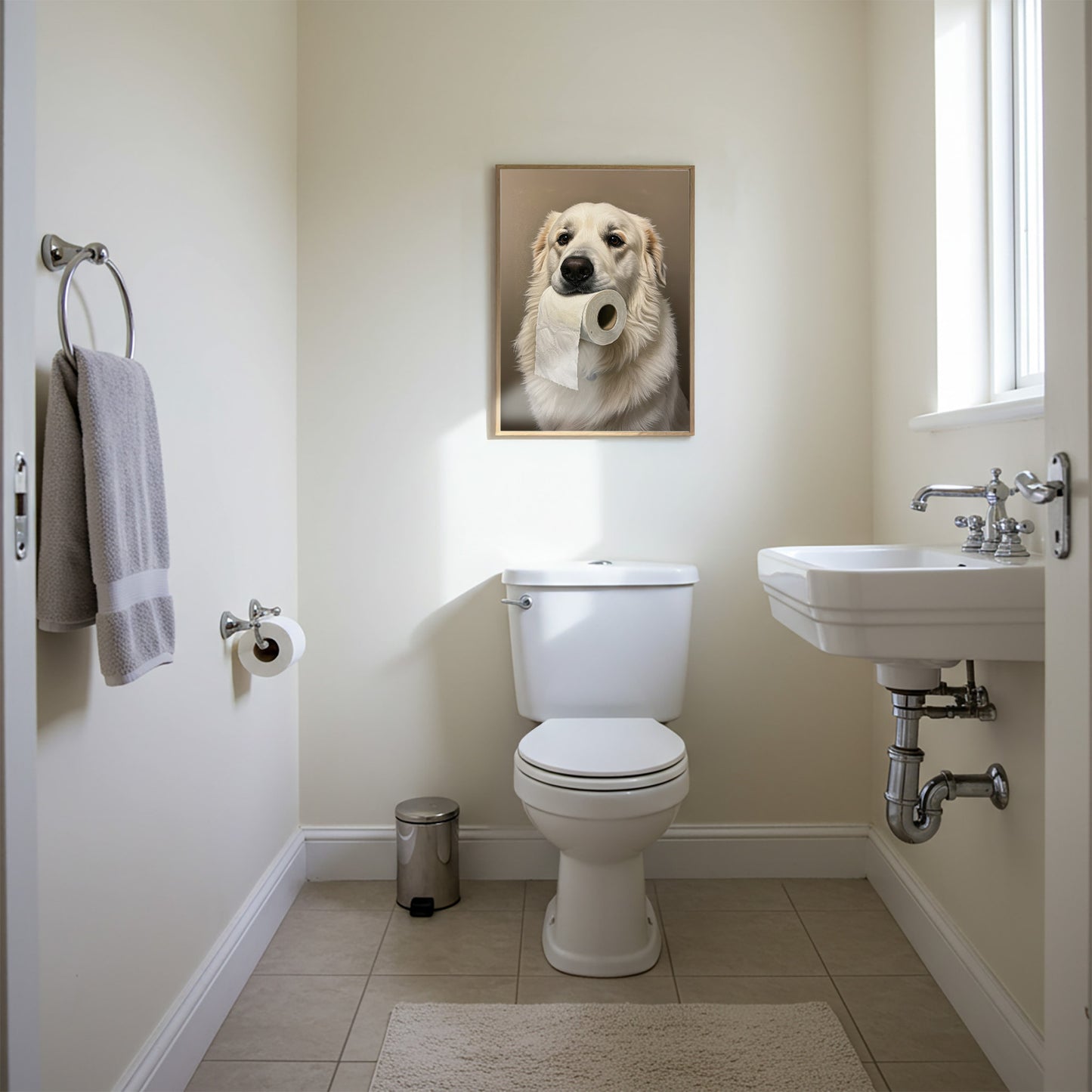 Poster humour chien de montagne des Pyrénées – Décoration WC originale – Cadeau rigolo – Affiche encadrée murale