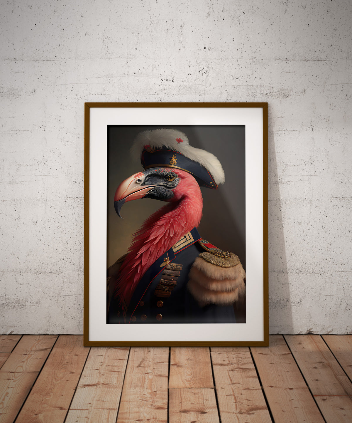 Poster flamant rose officier, cadre bois foncé et passe-partout, posé au sol contre un mur de briques