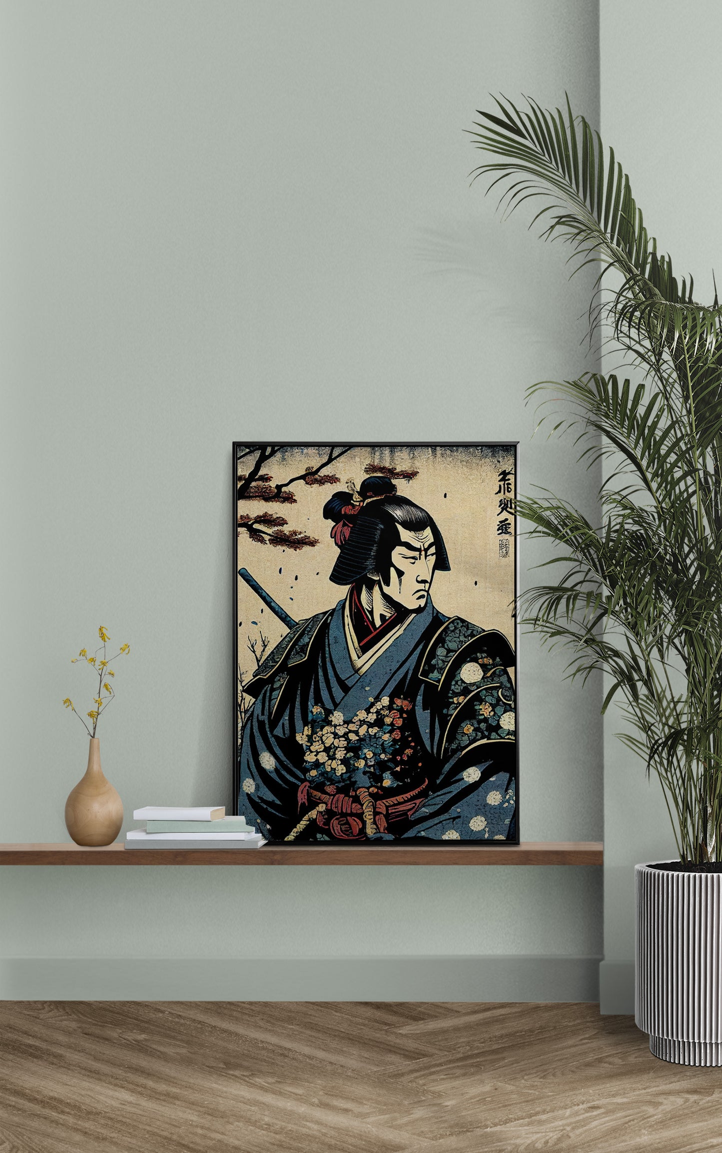 Affiche samouraï ukiyo-e posée sur une étagère murale, mur vert sauge et palmier en pot