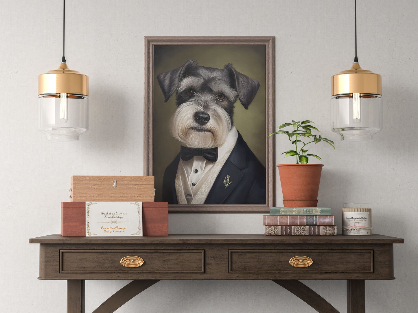 Chic Schnauzer in Tuxedo Poster - Humorous Wall Art Print for Dog Lovers, Elegant Home Decor