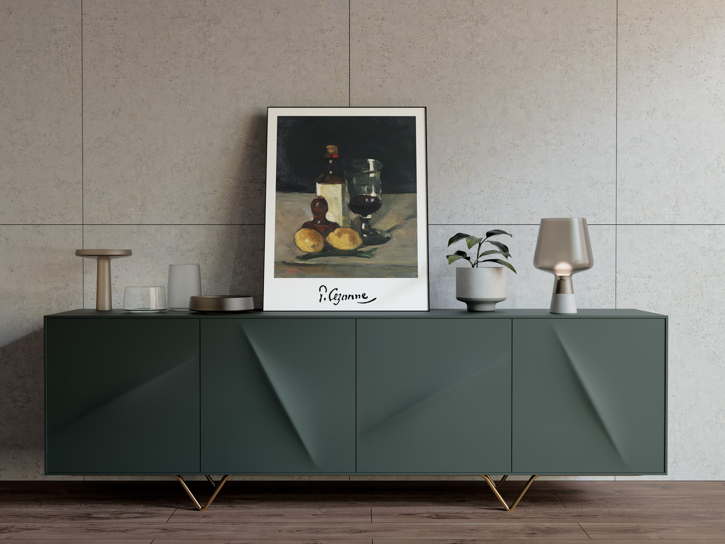 Affiche Cézanne nature morte aux citrons posée sur un buffet vert sauge avec lampe