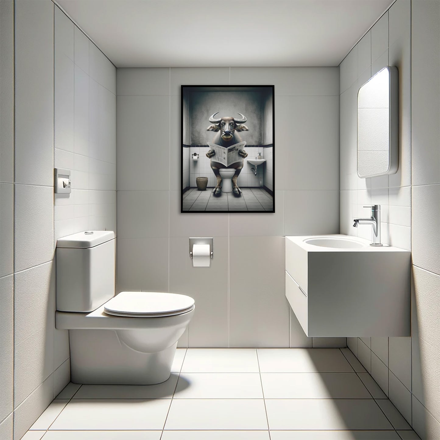 Poster Buffle lisant le journal aux toilettes, Décoration Humoristique WC, Affiche Salle de bain, Cadeau Original Fun