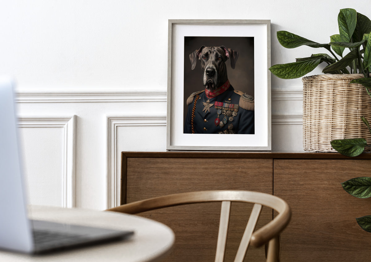 Great Dane in military uniform poster in a natural wood frame with a mat on a wooden sideboard