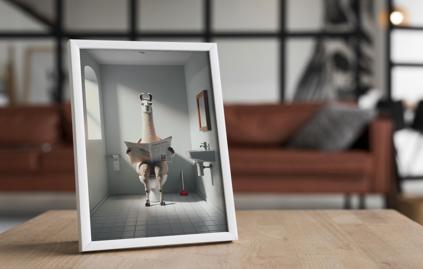 Llama Reading Newspaper Toilet Poster - Funny Bathroom Decor, Unique Gag Gift Wall Art, WC Poster