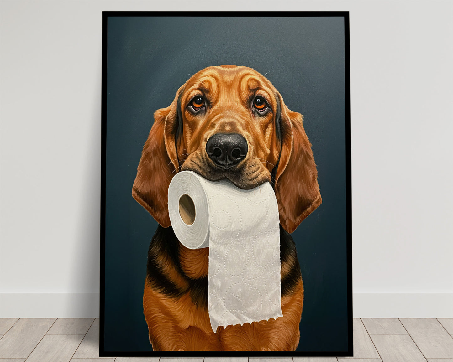 Chien de Saint-Hubert aux longues oreilles tenant un rouleau de papier toilette, fond bleu pétrole, poster Balthazart Studio