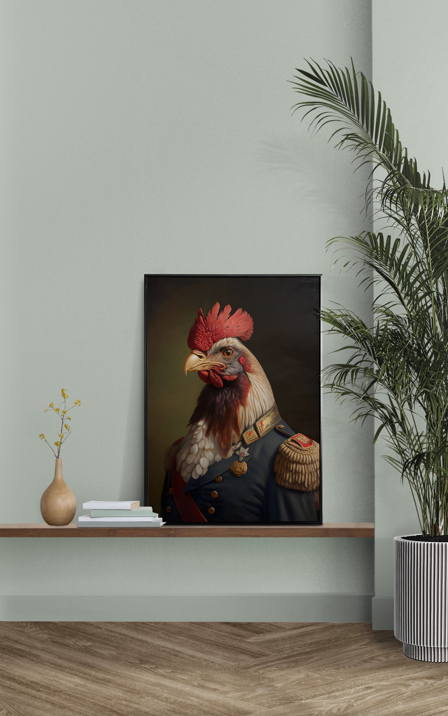 Poster coq en uniforme sur une étagère murale, mur vert sauge et palmier en pot