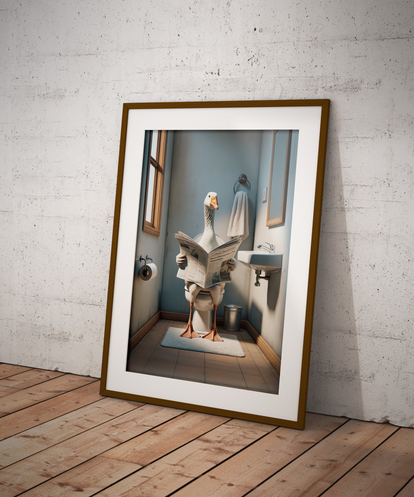 Poster Humour WC : Oie lisant le journal sur toilettes, Décoration Salle de Bain, Cadre Fun, Idée Cadeau Originale