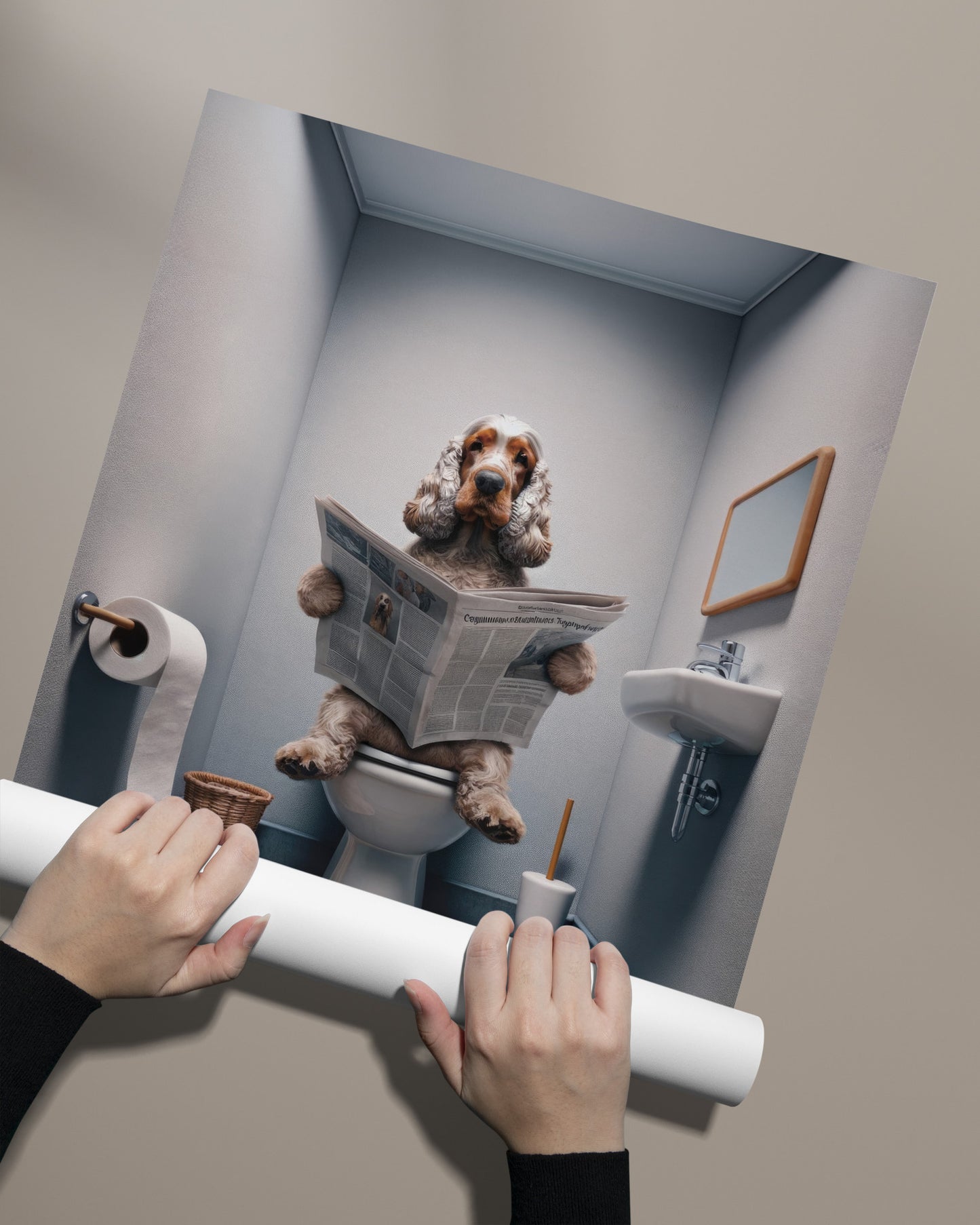 Poster Cocker lisant le journal déroulé à la main, sans cadre