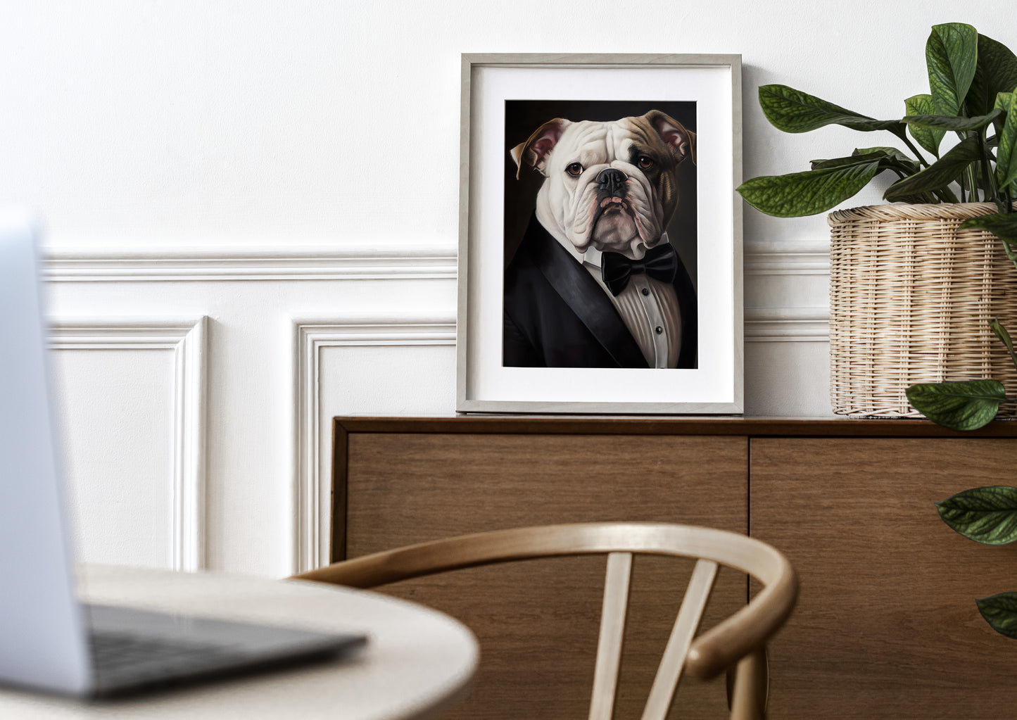 English bulldog in a tuxedo poster, light frame with mat on a wooden sideboard beside a plant in a basket