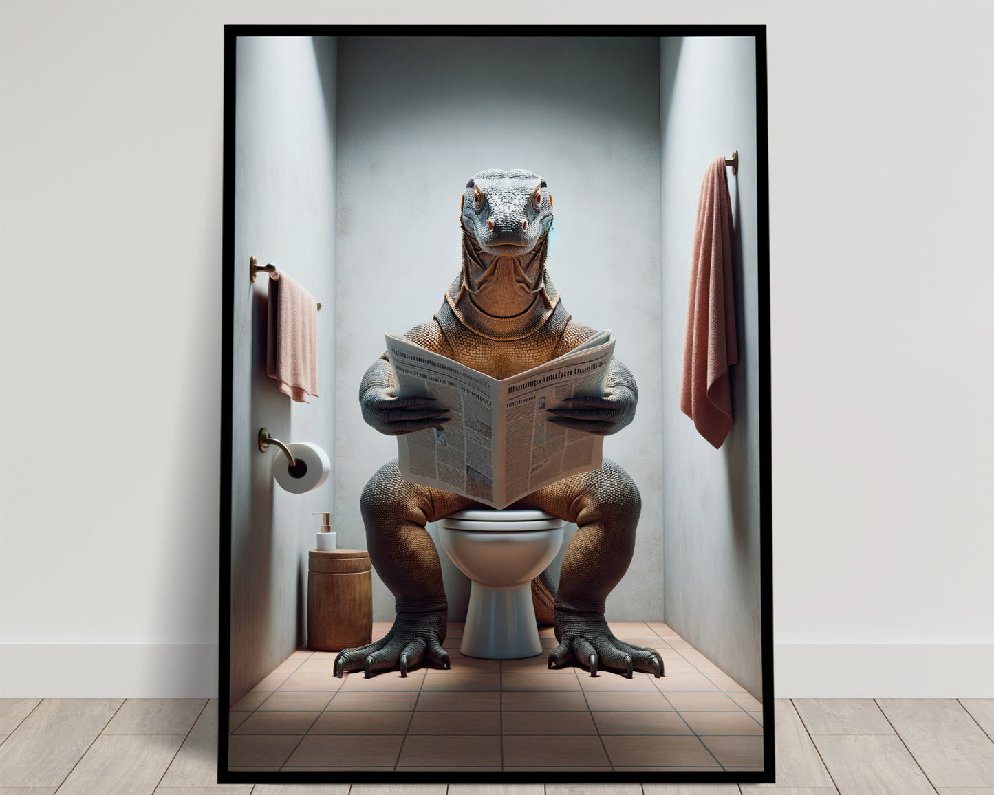 Poster Dragon de Komodo lisant le journal - Déco humoristique pour toilettes, Cadeau original salle de bain, Art mural fun