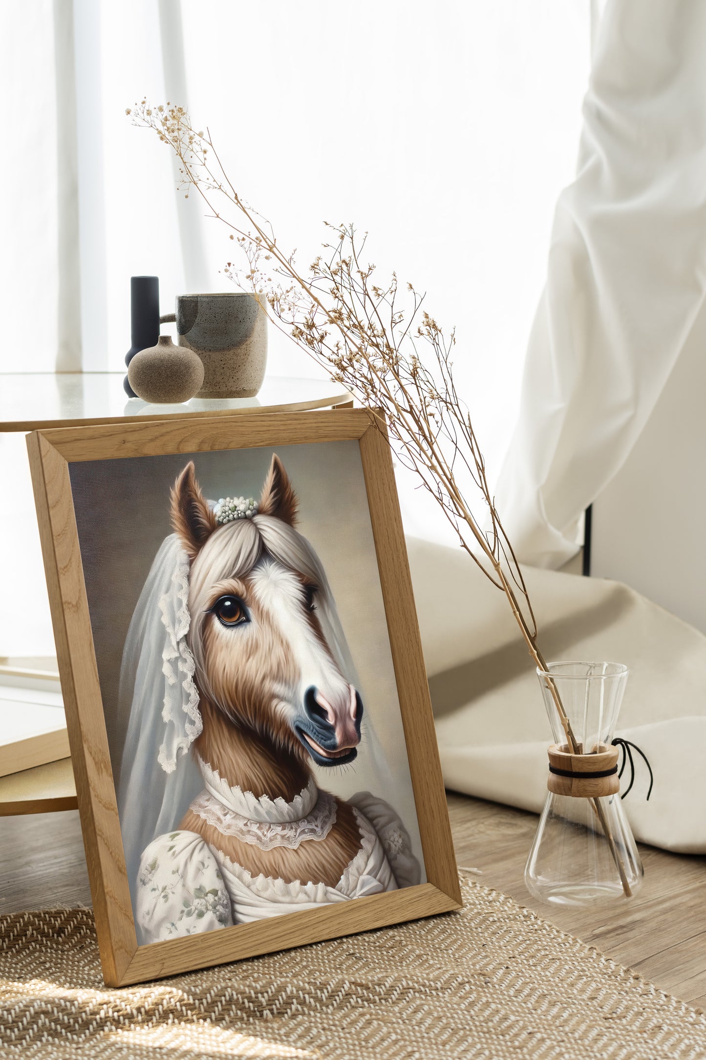 Mare bride poster in a natural wood frame on the floor by a window, dried flowers