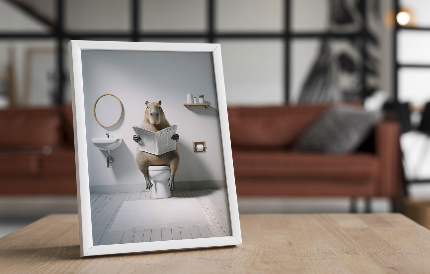 Poster Capybara lisant le journal sur les toilettes - Décoration Humoristique WC, Salle de bain, Cadeau Amusant
