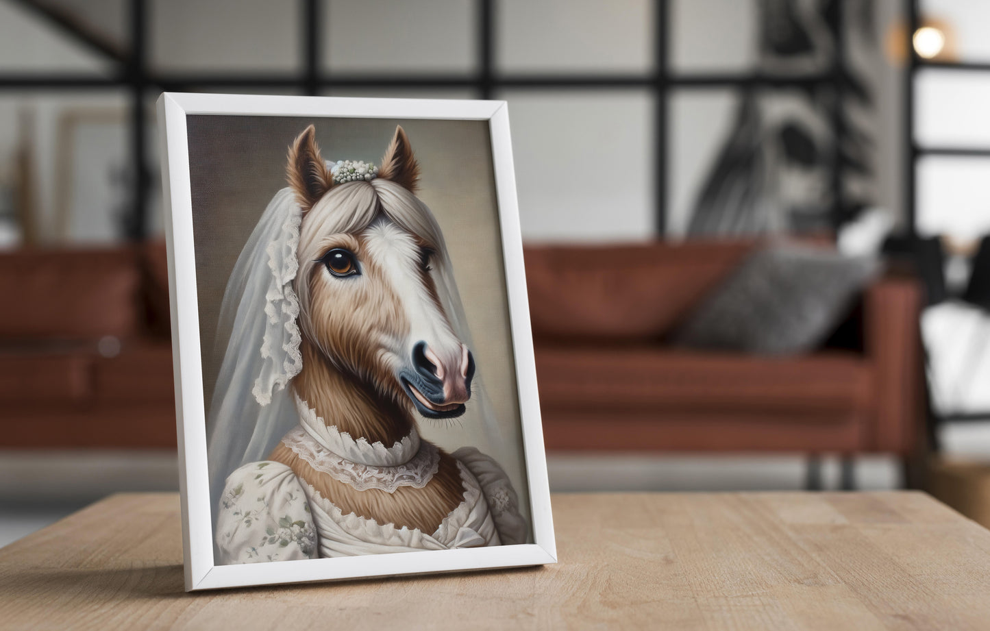 Mare in wedding dress poster in a white frame on a wooden table, blurred living room behind