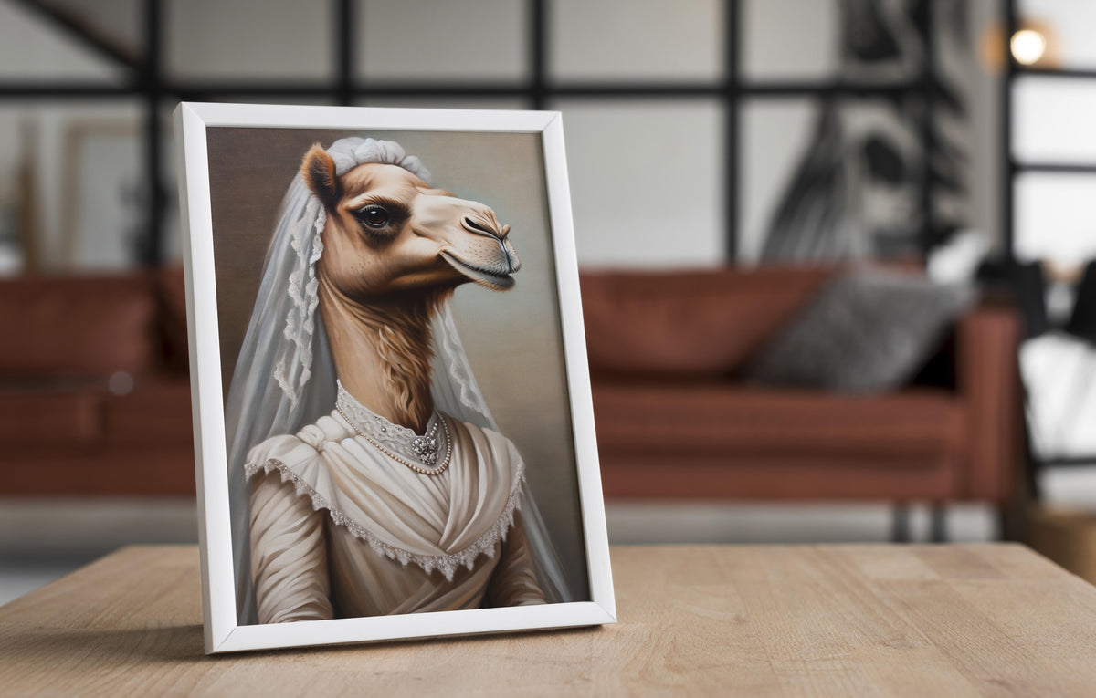 Camel in wedding dress poster in a white frame on a wooden table, blurred living room behind