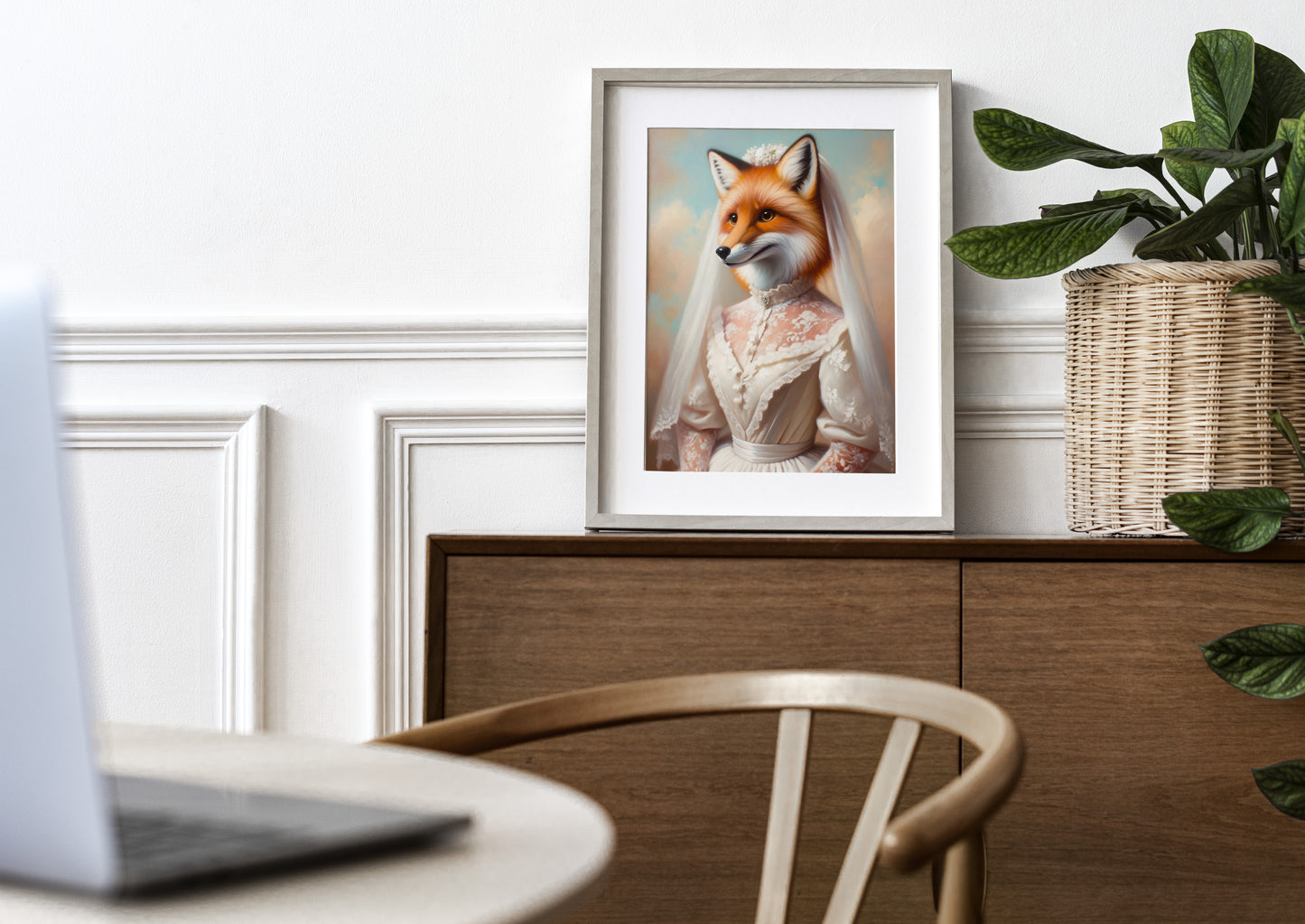 Fox bride poster in a natural wood frame with mat on a wooden sideboard near a plant