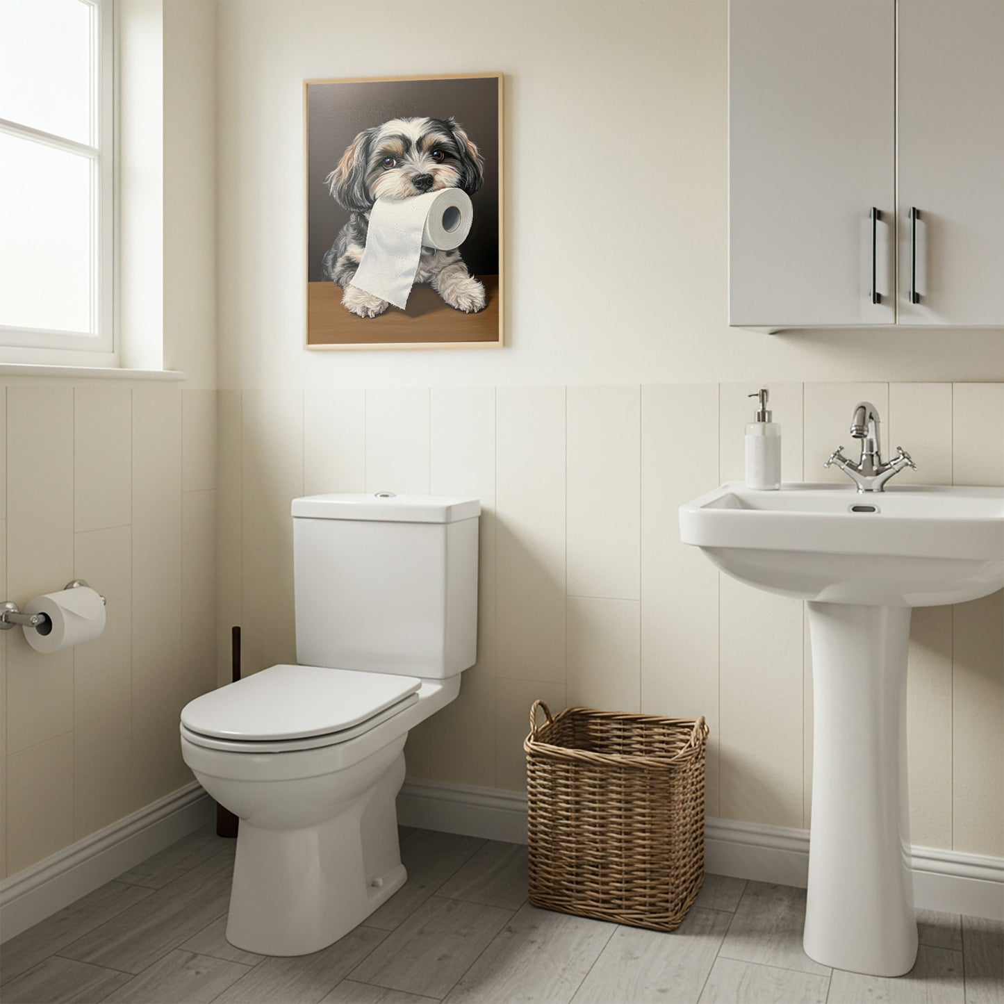 Poster bichon havanais au papier toilette en cadre bois clair, toilettes crème et panier en osier