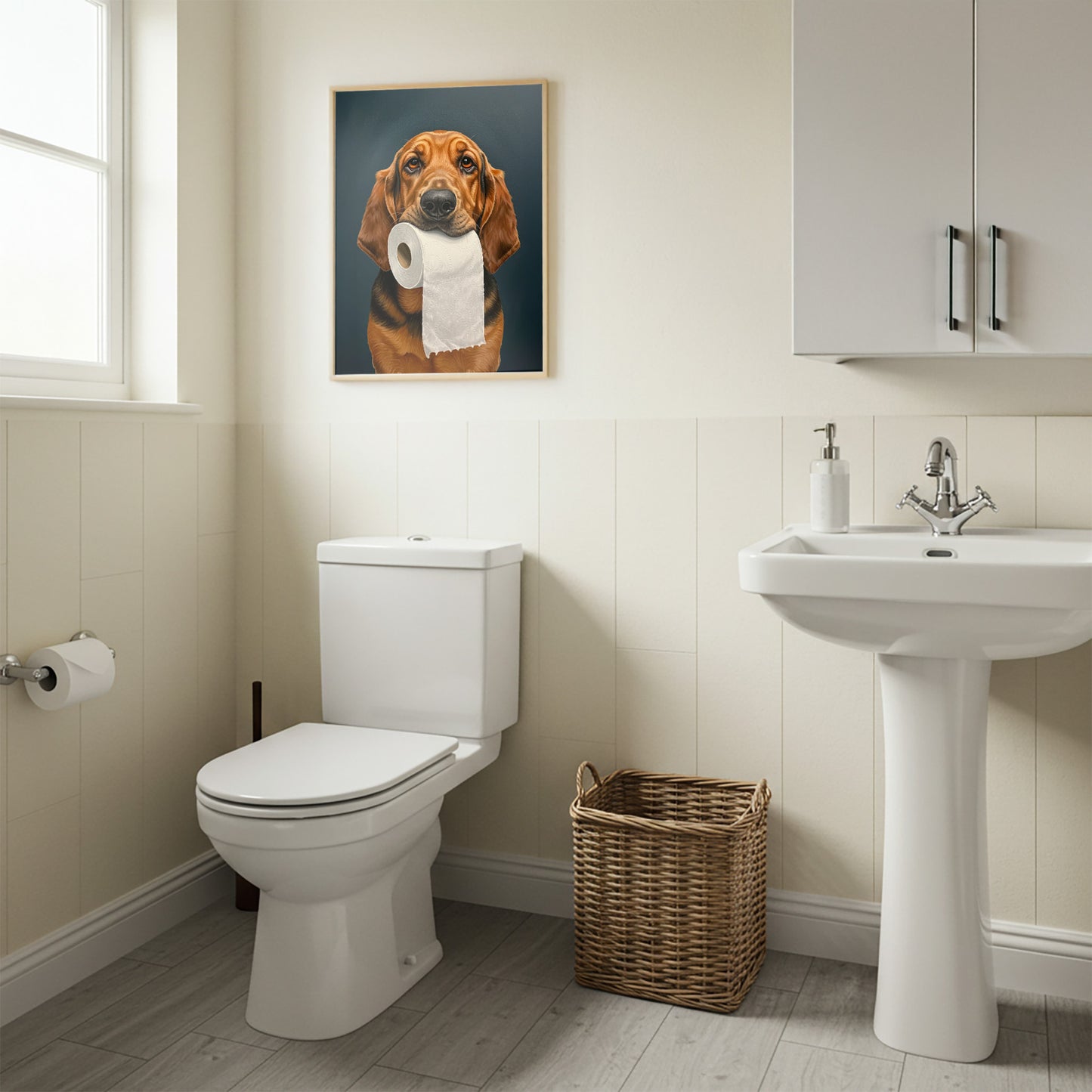 Poster chien de Saint-Hubert en cadre bois clair au-dessus des WC, panier en osier et lavabo sur colonne