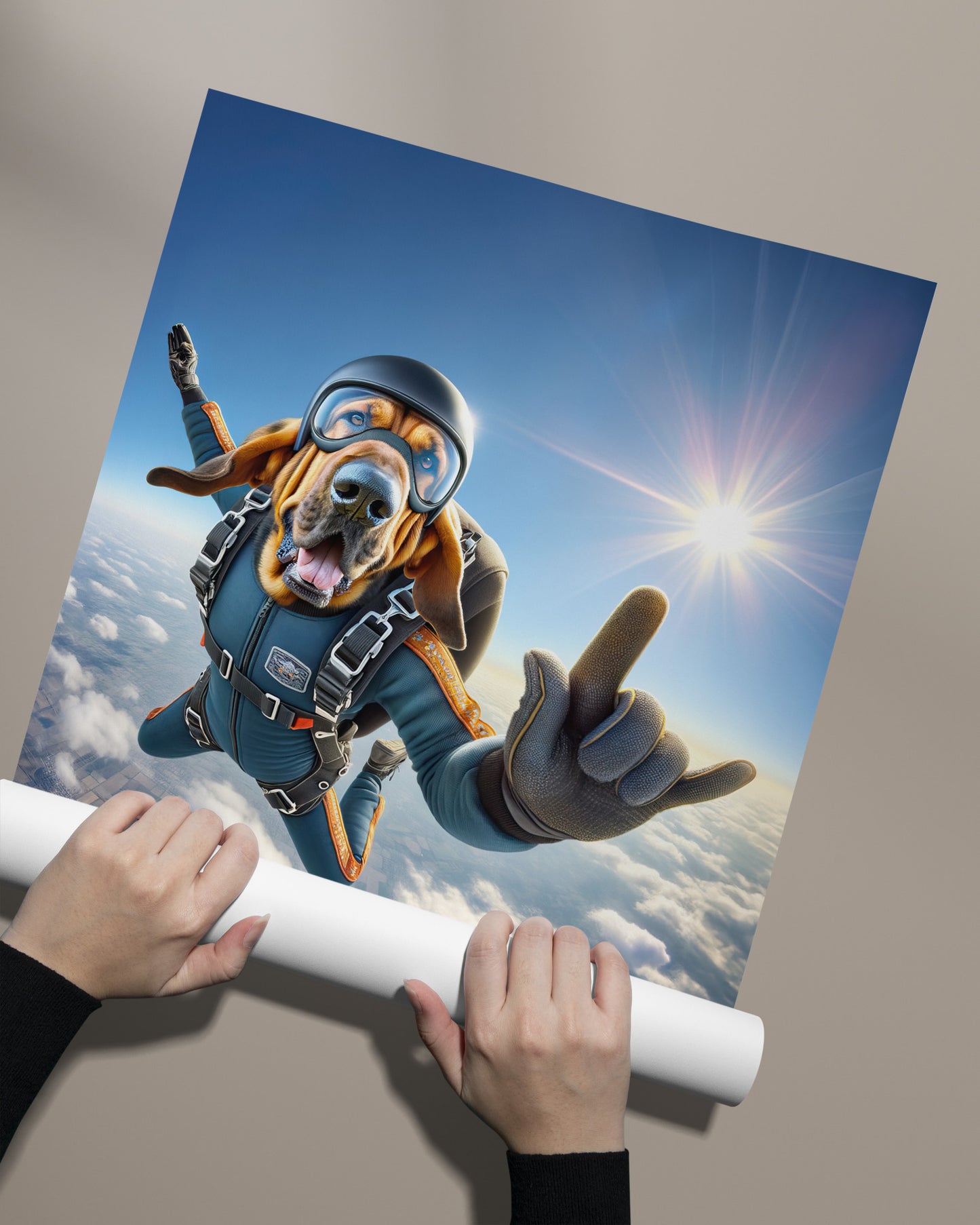 Epic Skydiving Bloodhound Poster - Unique Animal Wall Art for Extreme Sports & Dog Lover Decor