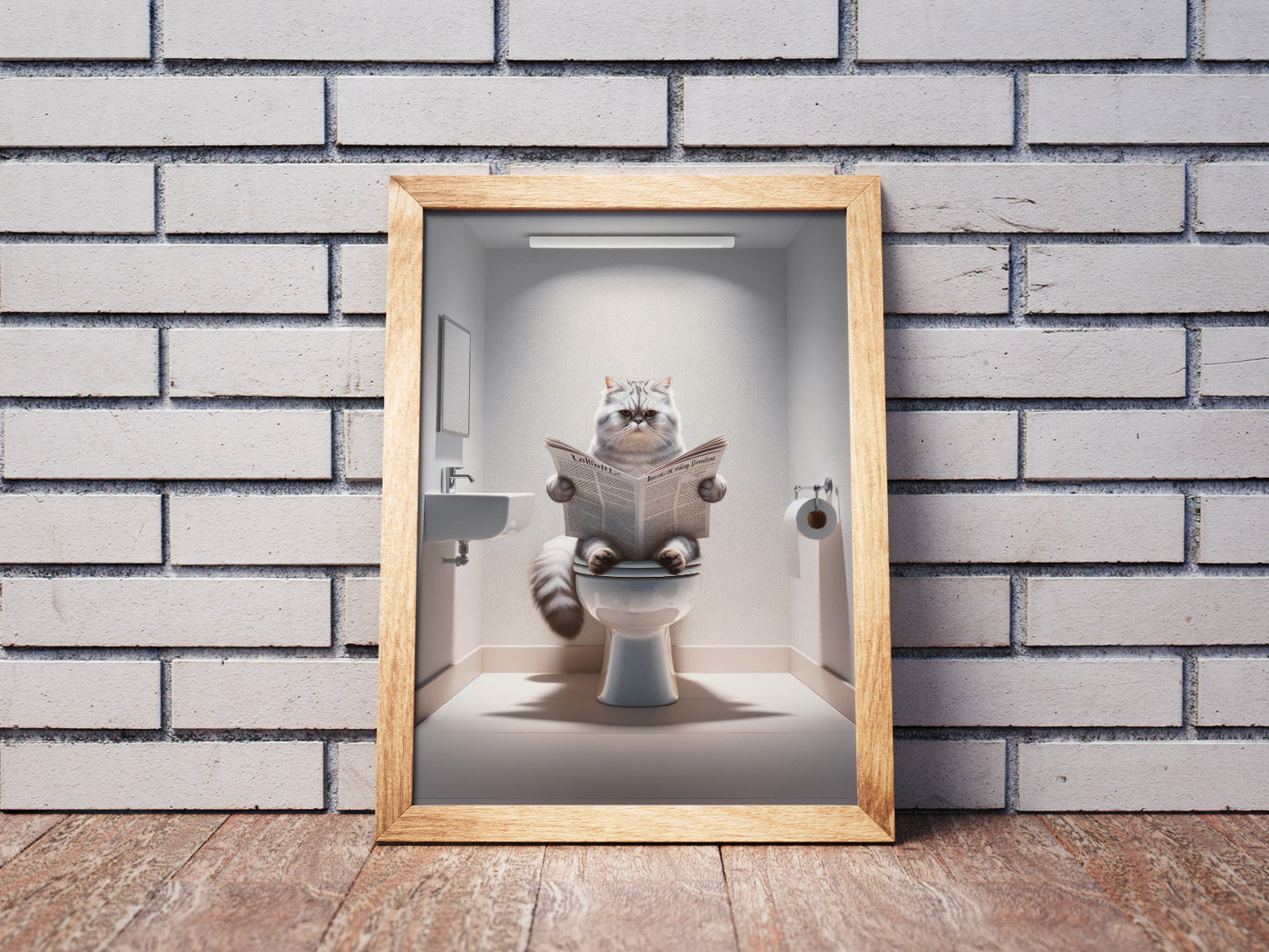 Affiche Chat Persan Tigré Gris lisant aux toilettes - Décoration murale humoristique pour WC & Salle de bain - Cadeau fun pour amoureux de chats
