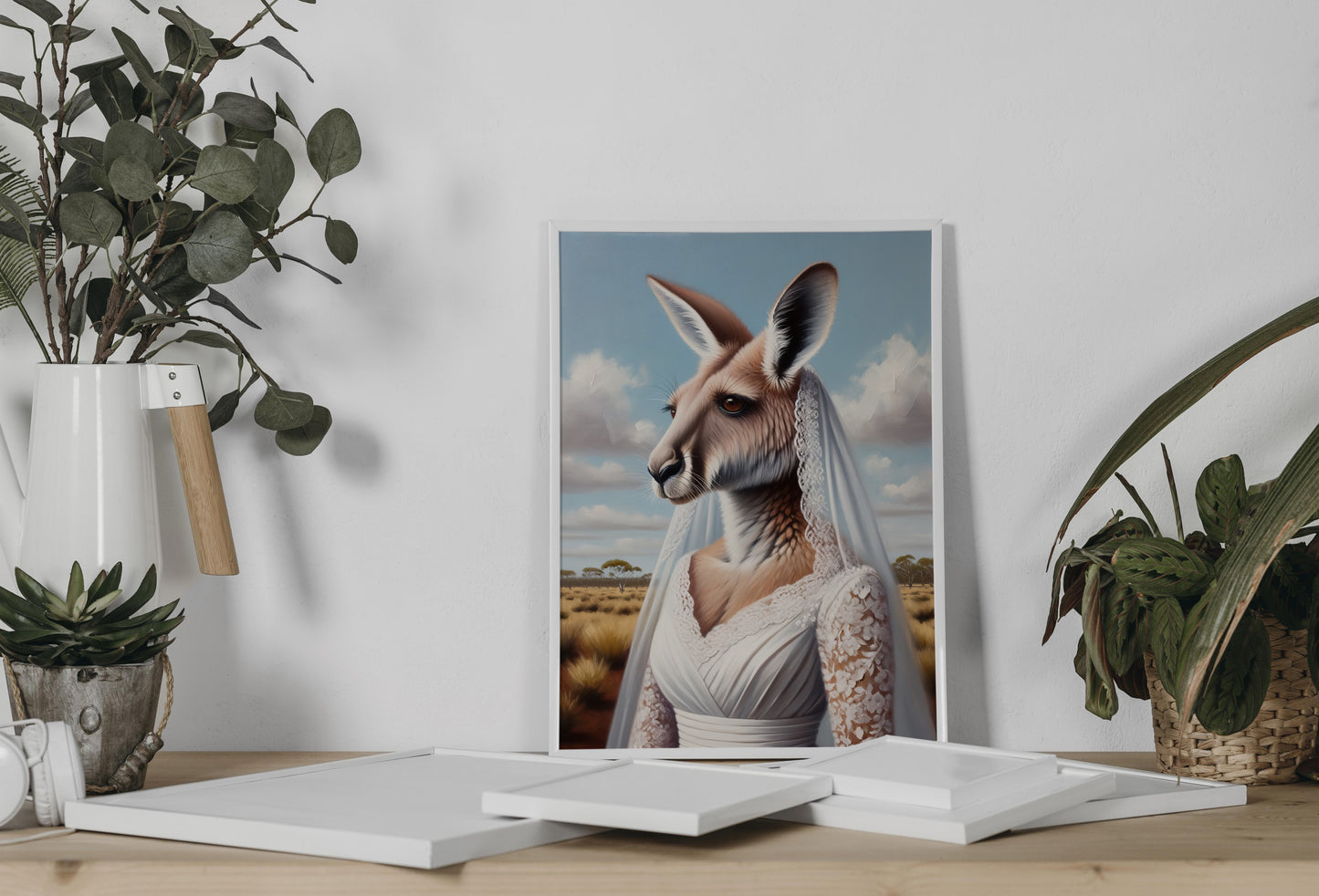 Affiche kangourou en robe de mariée appuyée au mur sur une console, entre eucalyptus et plante en pot
