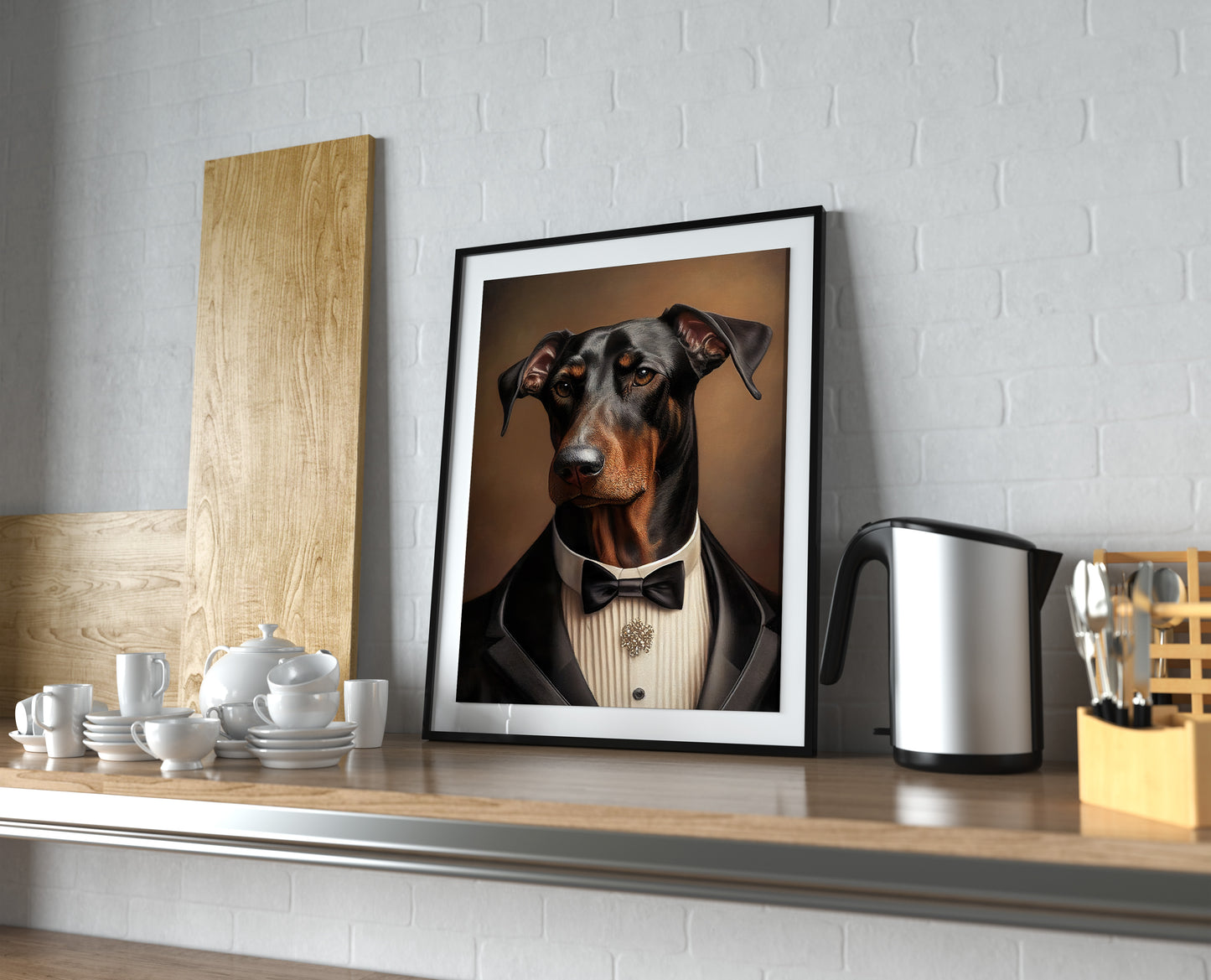 Poster doberman en smoking, cadre noir et passe-partout sur une étagère de cuisine avec vaisselle blanche