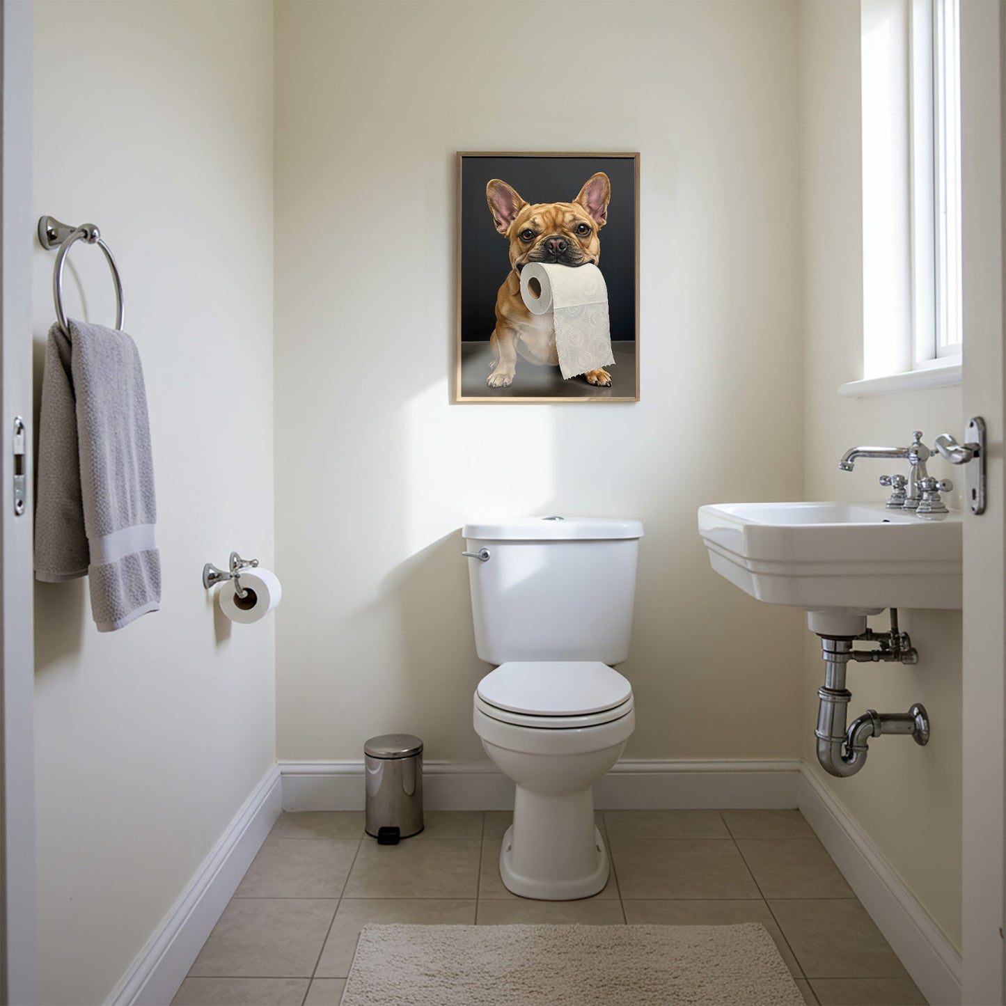 Bouledogue français fauve mordant un rouleau de papier toilette, Humour Toilettes, Poster WC, Cadeau Bulldog, Affiche encadrée, Poster
