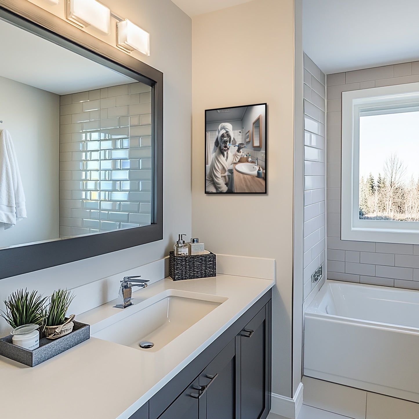 Great Dane brushing its teeth poster in a black frame next to a large mirror and a gray vanity