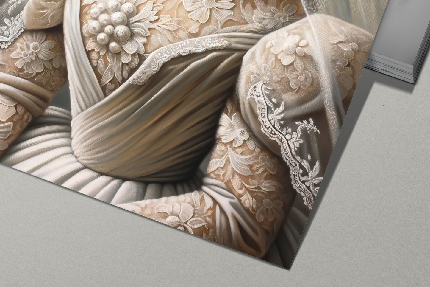 Detail of the cat in wedding dress poster: floral lace sleeves and pearls